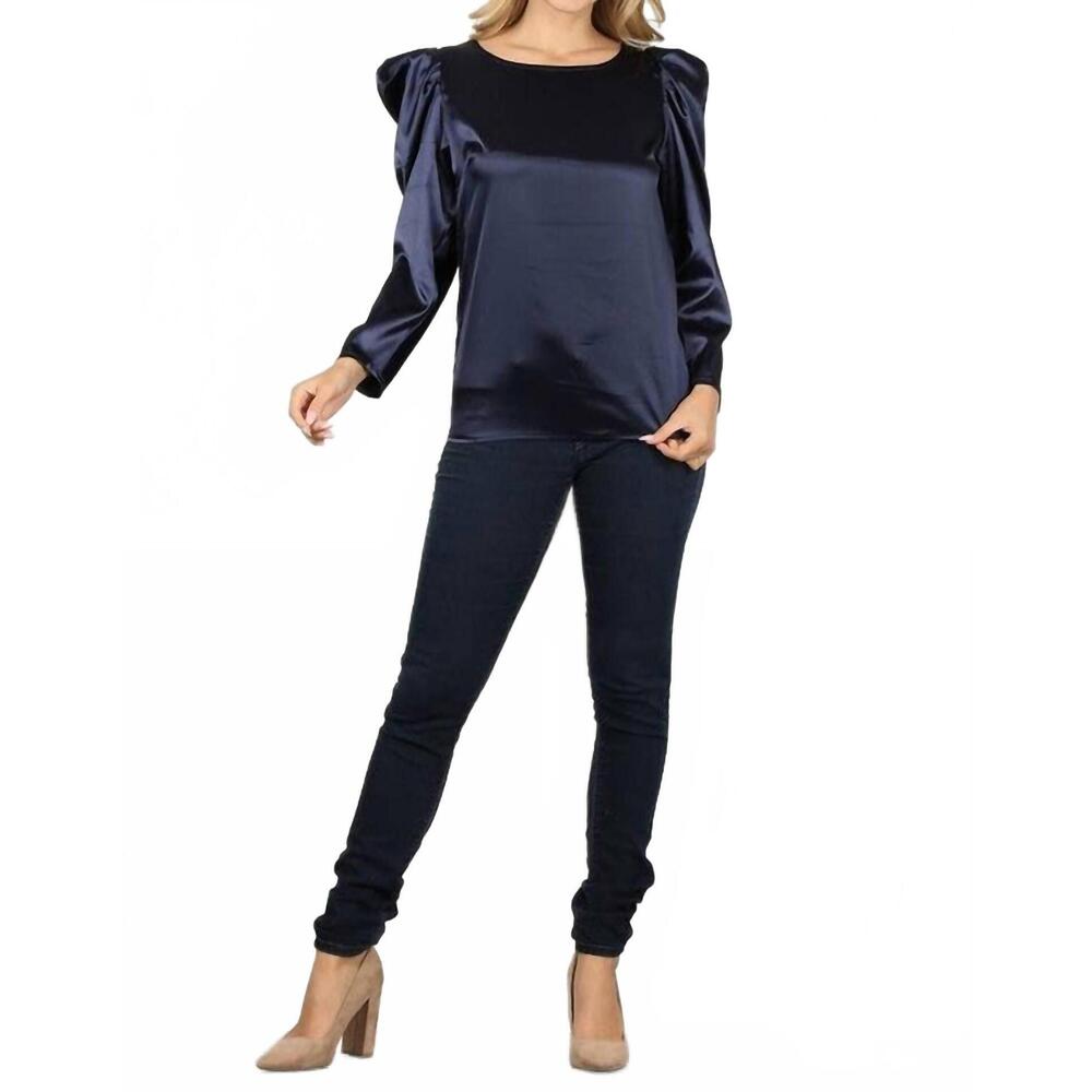 NEW WING amy pouf sleeve top in navy satin